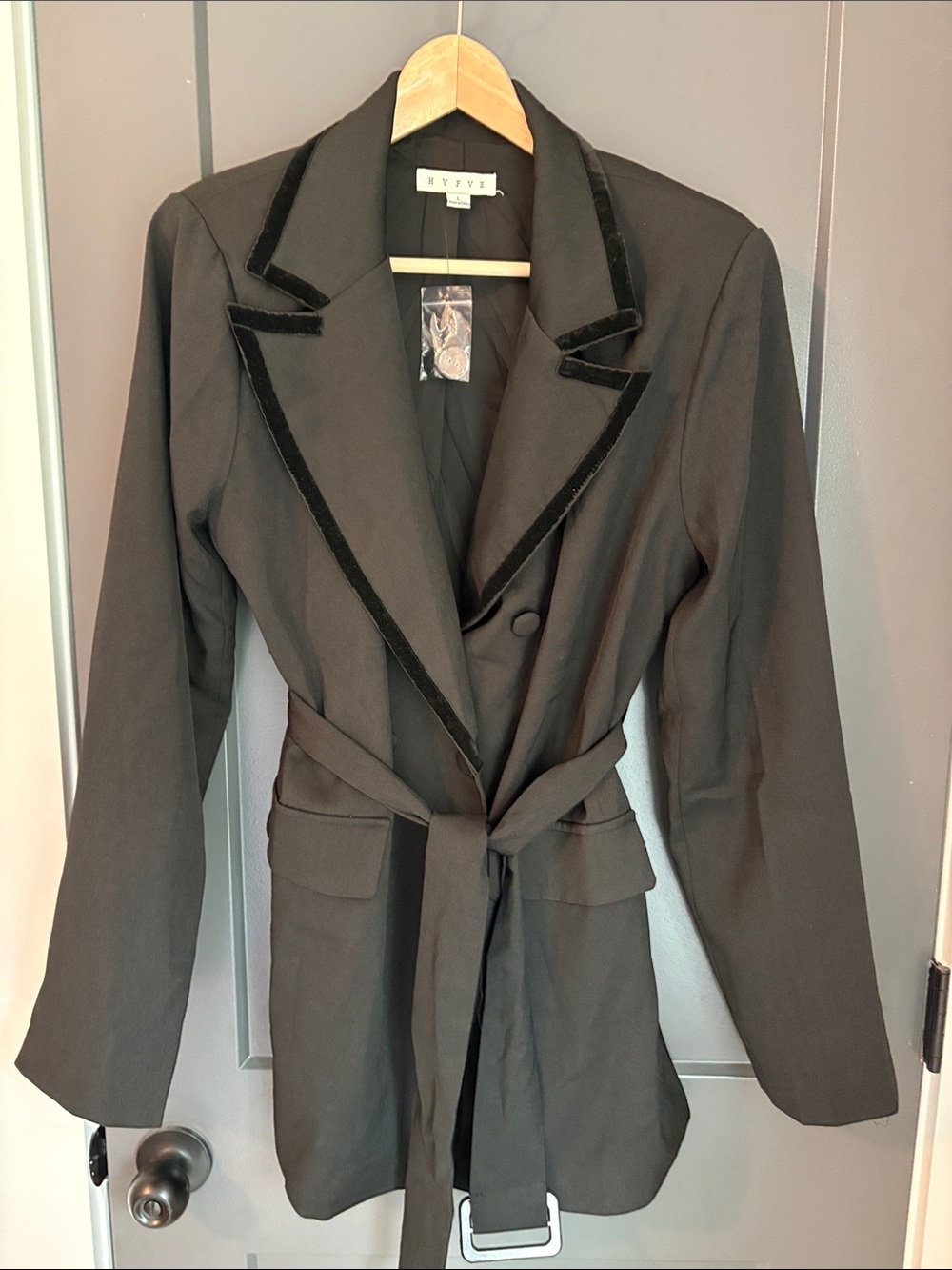 HYFVE Black Velvet-Trim Belted Blazer